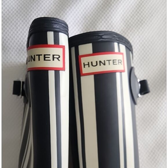 Hunter Black and White Striped Rain Boots - Picture 1 of 8